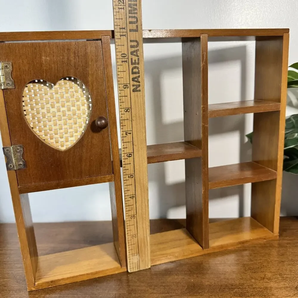 Vintage Wooden Wall Shelf Display Cabinet with Heart Wicker Door Cottagecore